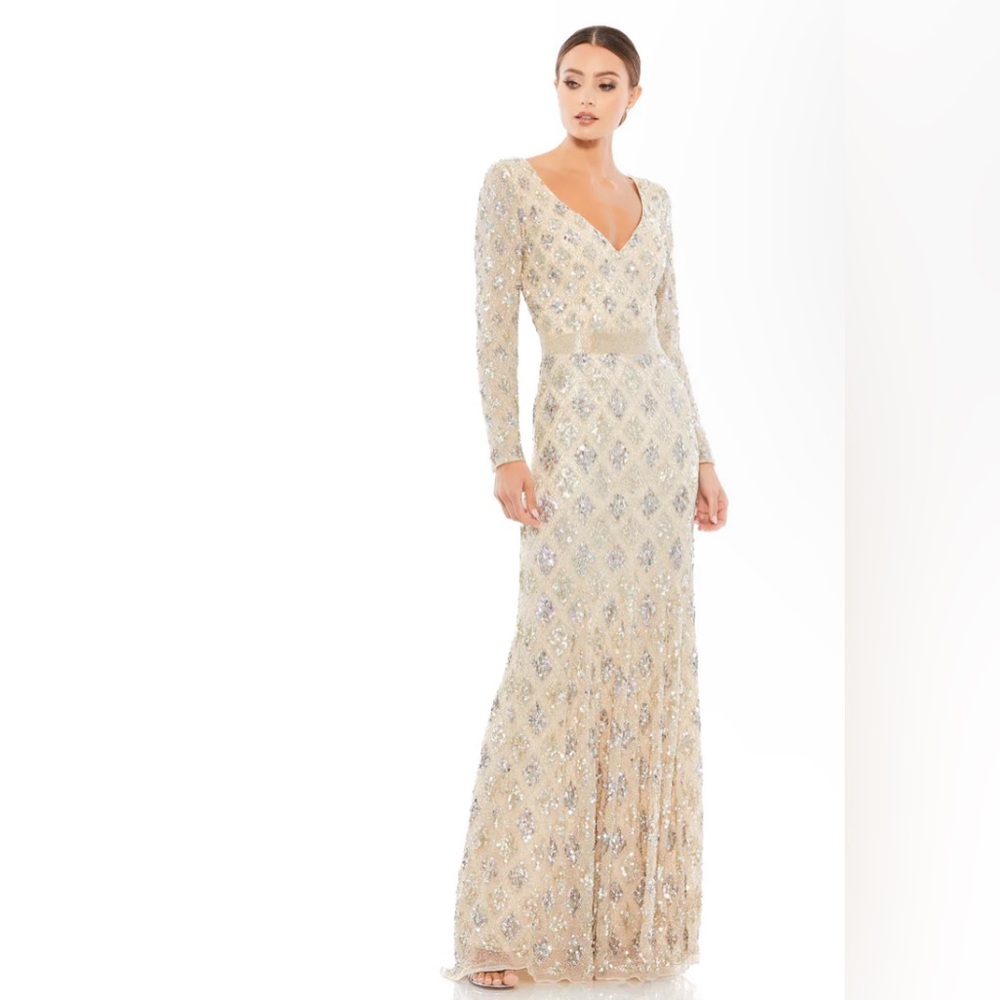 Mac Duggal Long Sleeve Cream Gown with Silver Accents - Picture 3 of 10